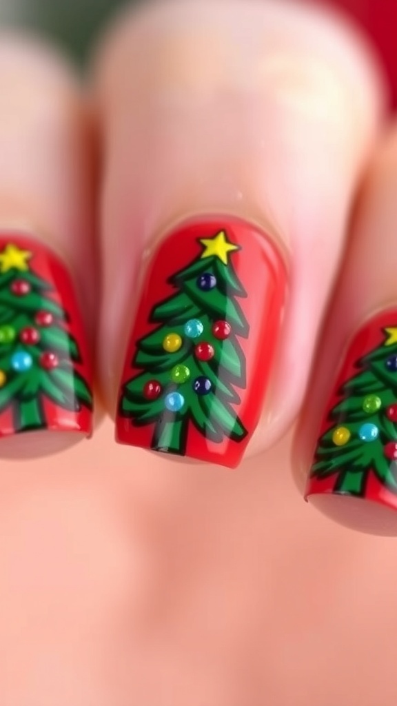Short nails with Christmas tree nail art design on a red base, decorated with colorful ornaments.
